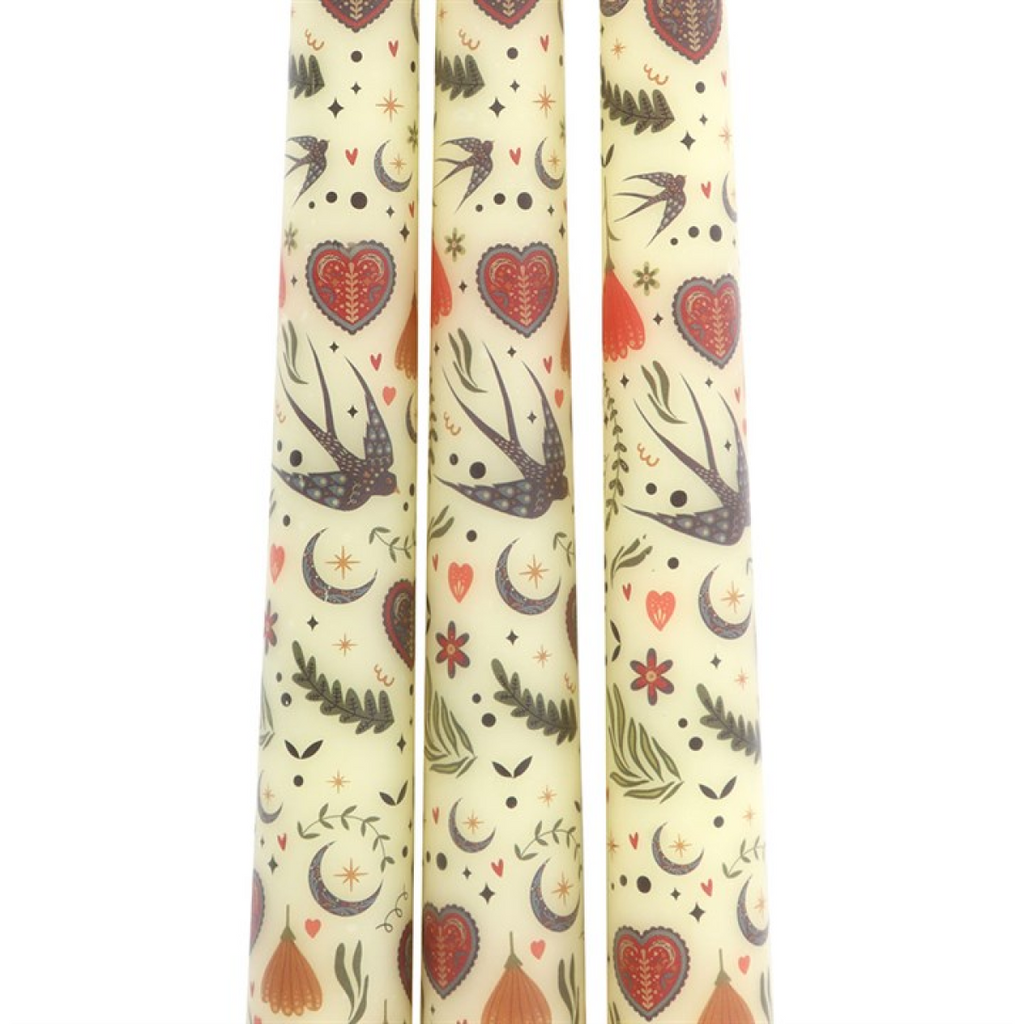 Set of 3 Cream Midnight Bloom Print Taper Candles