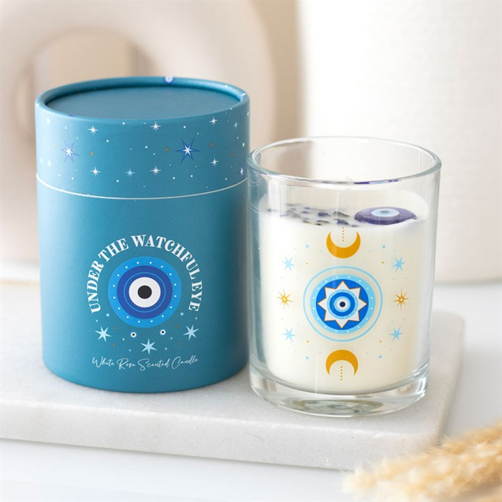 Under Watchful Eyes White Rose Candle with Crystals